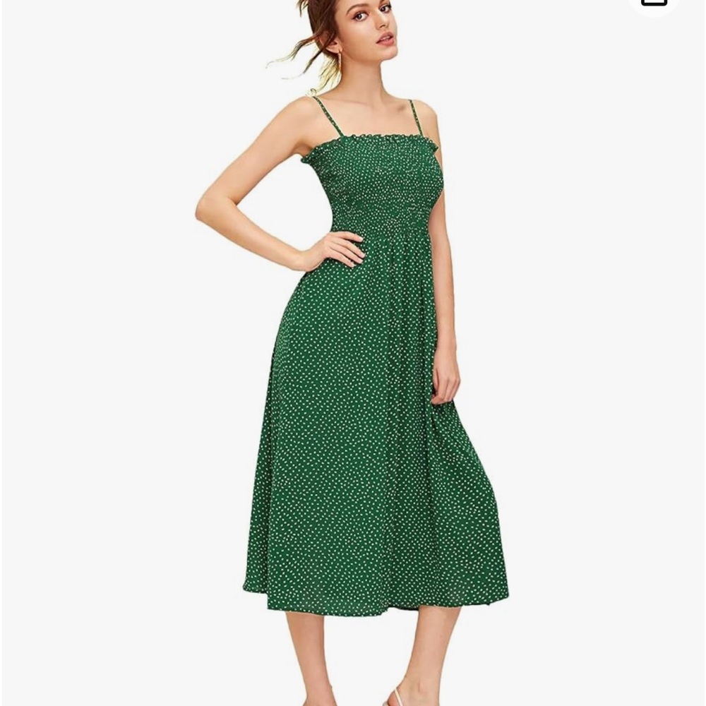Polka Dots Dark Green Sleeveless Adjustable Strap Dress
